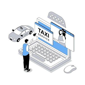 Taxi service 3d isometric concept with isometry people design for web. Man talking with operator by and ordering car cab from laptop, using automobile transfer in city. illustration vector