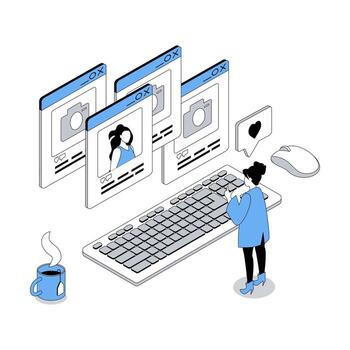 Social network 3d isometric concept with isometry people design for web. Woman watching online blog of influencer with new posts and photos, leaving comments and likes, following. illustration vector