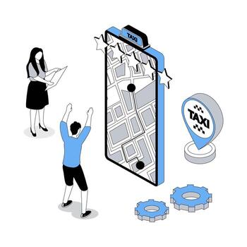 Taxi service 3d isometric concept with isometry people design for web. Man and woman ordering car cab with best rating driver from mobile app, using automobile transfer in city. illustration vector