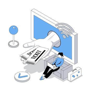 de viaje 3d isométrica concepto con isometria personas diseño para web. mujer planificación verano vacaciones, reserva vuelo Entradas en línea con pasaporte, haciendo reserva a computadora. ilustración vector