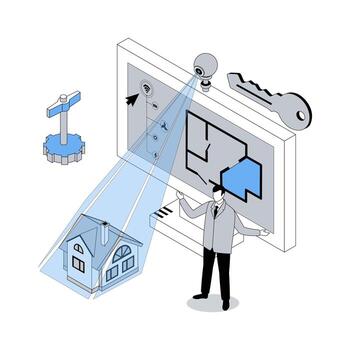 Smart home 3d isometric concept with isometry people design for web. Man using surveillance security system with camera monitoring, managing house remotely from computer app. illustration vector