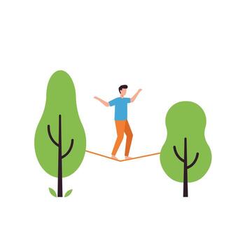 Man balancing on a rope between two trees vector
