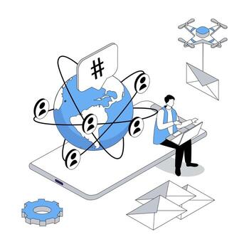 Social network 3d isometric concept with isometry people design for web. Man connecting online with virtual friends, chatting with internet users, sending and gets email messages. illustration vector