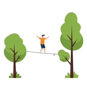 Man walking on a rope between trees vector
