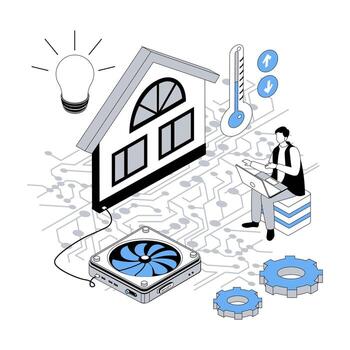 Smart home 3d isometric concept with isometry people design for web. Man using automation system, managing temperature, electricity, conditioner cooling, hvac and thermostats. illustration vector