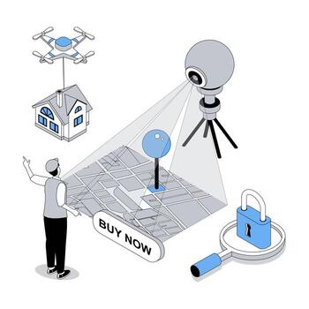Real estate 3d isometric concept with isometry people design for web. Man planning house construction, creating building project of apartment plan, preparing best location on map. illustration vector