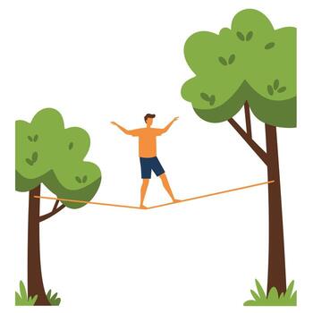 Man balancing on rope between trees vector