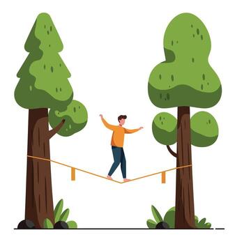Man balancing on rope between two trees vector