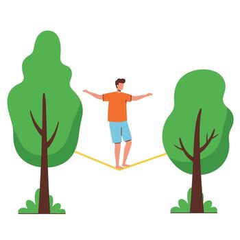 Man balancing on rope between trees illustration vector