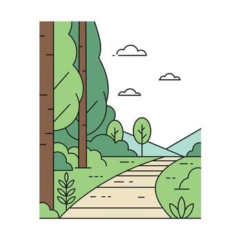 un camino mediante el bosque con arboles y arbustos vector