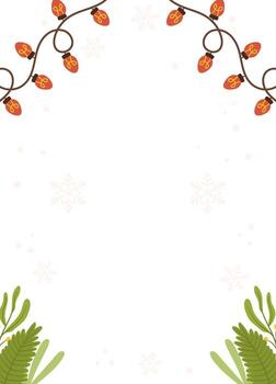 festivo póster modelo diseño presentando rojo cuerda luces, verdor, y copos de nieve en un blanco antecedentes con amplio blanco espacio para texto o diseño. vector