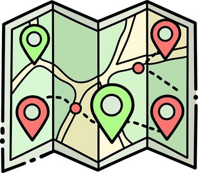 Folded paper map icon with colorful location pins and a dashed line travel route. vector