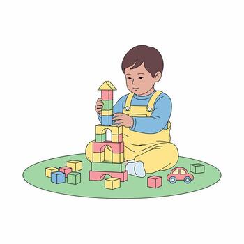 joven niño edificio un vistoso torre con de madera bloques y jugando con un juguete coche. vector