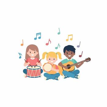 Diverse children playing musical instruments with colorful notes floating around vector