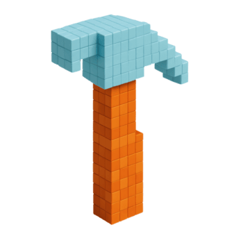 A vibrant pixelated pickaxe features a light blue head and an orange handle, resembling a tool from a retro game. Ideal for gaming, virtual reality, and digital art projects. png