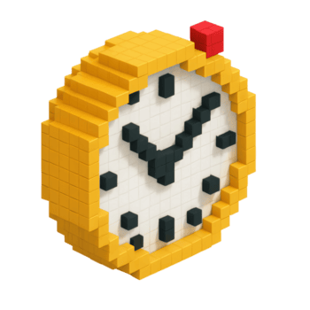 A vibrant yellow pixel art alarm clock with a red button, designed in a voxel style. Ideal for digital design, time management concepts, or retro gaming themes. png