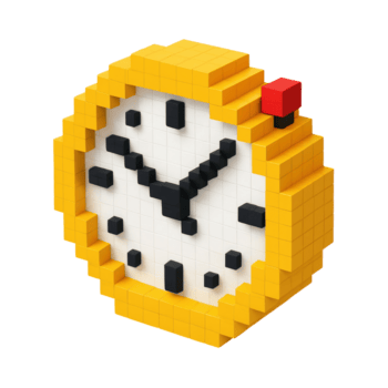 A yellow pixel art alarm clock with a red button, black hands, and a white face, designed in a retro 8 bit digital style. png
