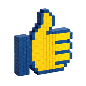 A three dimensional pixel art representation of a thumbs up gesture, featuring a blue border and yellow fill, symbolizing approval, liking, and positive feedback in digital contexts. png