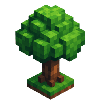 A vibrant pixel art tree with a brown trunk and green foliage stands on a small grass block, ideal for game assets, digital design, or virtual environment creation. png