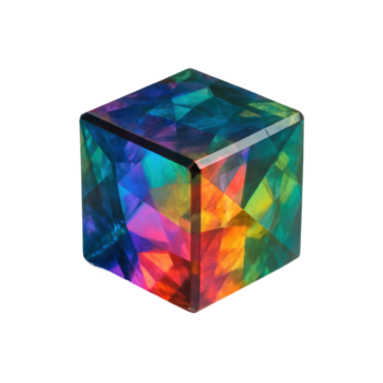 A dazzling iridescent cube with a faceted surface, reflecting a spectrum of vibrant rainbow colors. Ideal for abstract, technology, or design projects. png