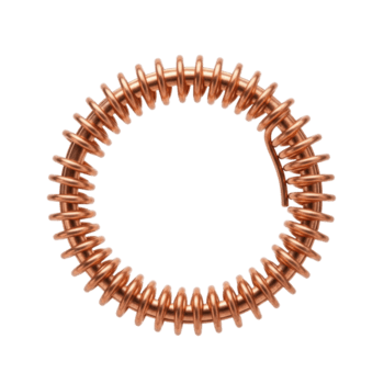 A close up view of a shiny copper wire coil, forming a circular inductor. This electrical component is essential for various electronic and physics applications. png