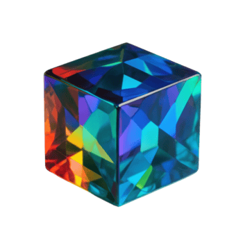 A mesmerizing dichroic crystal cube refracts light, displaying a vibrant spectrum of iridescent colors. Perfect for abstract art or technology concepts. png
