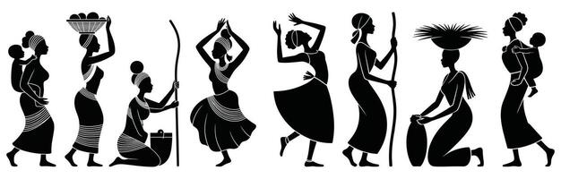 Silhouettes of African Women with Children and Baskets tribal cultural vector