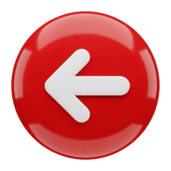 Glossy red circular button with white left arrow isolated on transparent background png