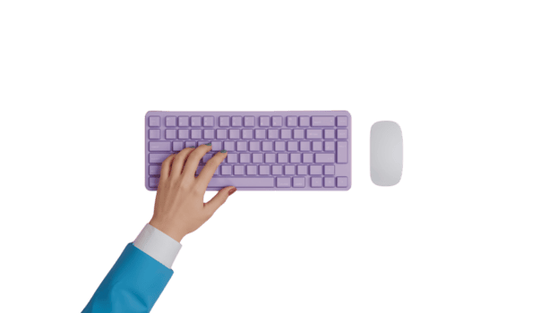 minimalista spazio di lavoro impostare con un' lilla tastiera e topo su un' trasparente fondale png