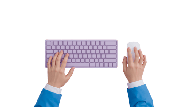 Hands using a wireless keyboard and mouse against a simple isolated transparent backdrop png