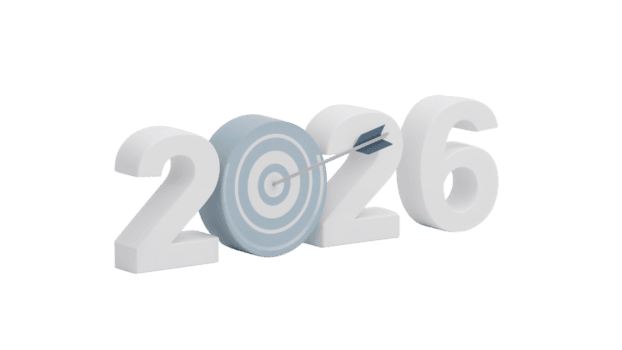 Captivating three-dimensional render of the year 2026 with a target replacing zero on transparent png
