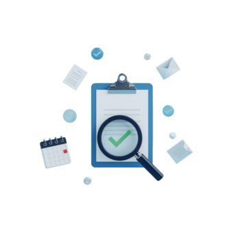 Stylized representation of task management tools with a magnifying glass and a checkmark, png