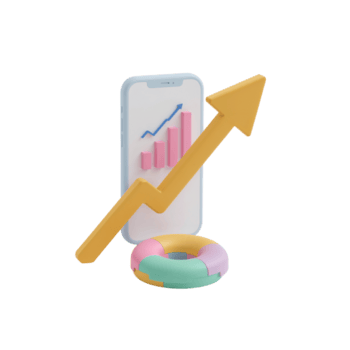 Optimistic business outlook presented with 3D rendering of phone, chart, arrow, and lifebuoy on png