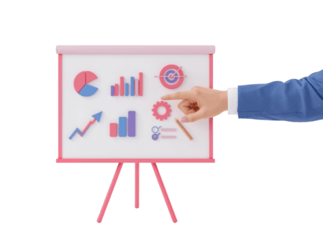 3D rendering of business presentation with financial charts and human hand pointing at data png