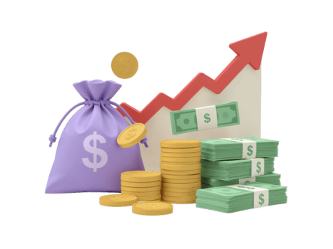 3D Rendering Financial Growth Presentation with Money Bag, Stack of Coins, and Upward Graph png