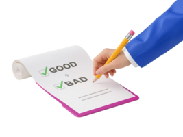 Evaluating choices good and bad hand writes options on evaluation paper with isolated transparent png