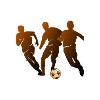 Tres fútbol jugadores persiguiendo un pelota aislado en transparente antecedentes en silueta png