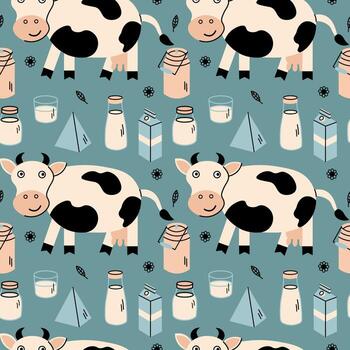 Seamless pattern with Milk and milky products. Repeating background with cow, cottage cheese, glass with drink, can, bottles. Food and lactic drinks. Design for label, wrapping, textile. vector