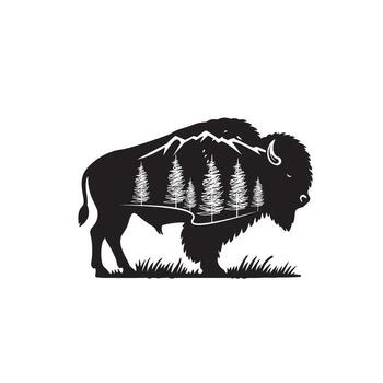 A bison with trees and mountains in the background vector