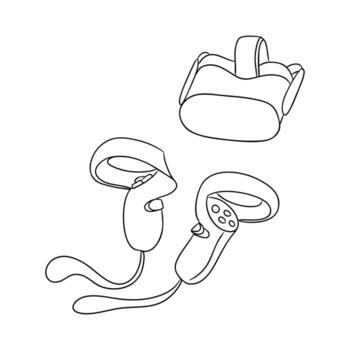 Hand drawn outline of virtual reality headset and controllers on white background. Concept of immersive technology, digital gaming and virtual interaction vector
