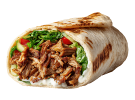 Delicious grilled chicken shawarma wrap filled with lettuce, tomatoes and sauce isolated on transparent background png