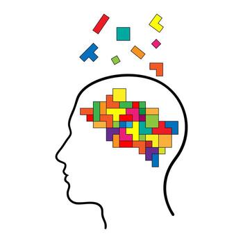Colorful tetris blocks filling human head profile, symbolizing organized mind and problem solving skills vector