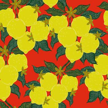 un modelo con limones en un rojo antecedentes vector