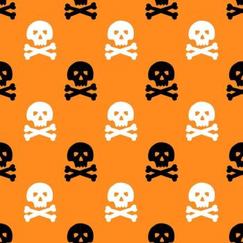 un cráneo con cruzado huesos repitiendo fondo diseño. Víspera de Todos los Santos sin costura modelo antecedentes vector