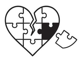 negro corazón conformado rompecabezas con desaparecido pedazo, aislado en blanco antecedentes. concepto de amar, incompleto, relación, roto corazón, símbolo, icono, juego, desafío, diseño elemento vector