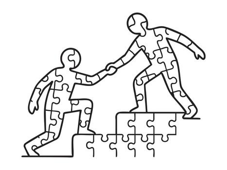 contorno de dos rompecabezas pedazo cifras en blanco fondo, uno Ayudar el otro escalada escaleras. concepto de trabajo en equipo, colaboración, camaradería, resolución de problemas, unidad, apoyo. vector