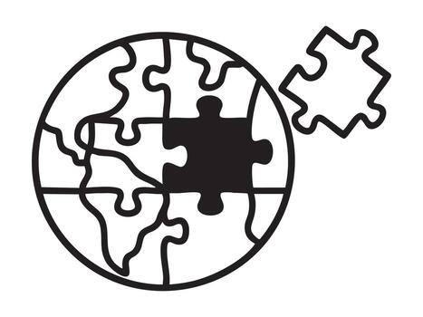 Black outline of world map puzzle pieces isolated on white background. concept of earth, global puzzle, geography, education, problem solving, learning tool, design element. vector