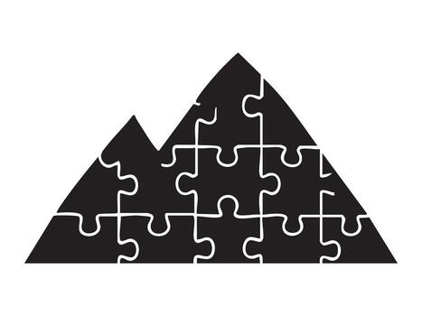 Black silhouette of mountain shaped puzzle pieces fitting together, isolated on white background. concept of problem solving, strategy, challenge, leisure, game, intellect. vector