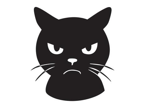 Black silhouette of cat face with angry expressive emotion, isolated on white background. concept of pet, feline mood, spooky icon, feline expression, logo, design element vector