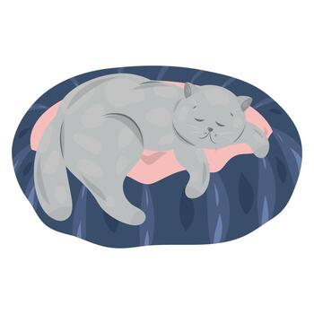 Sleeping Gray Cat in Bed, Comfy Nap, Cat on Soft Cushion, Lazy Day, Tabby Resting in Pet Bed vector